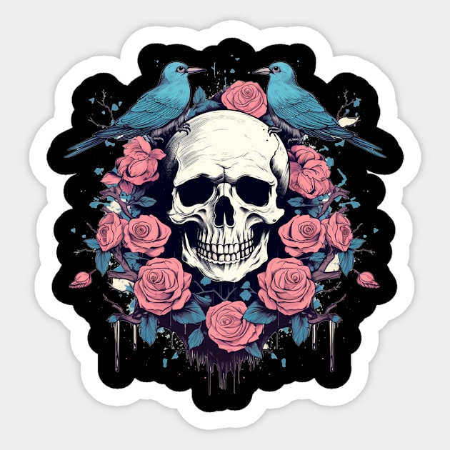 Skull with Roses and Birds Sticker by TOKEBI